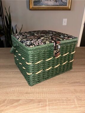Vintage Green Woven Sewing Basket with Tapestry Floral Fabric Lid & 50+ Notions